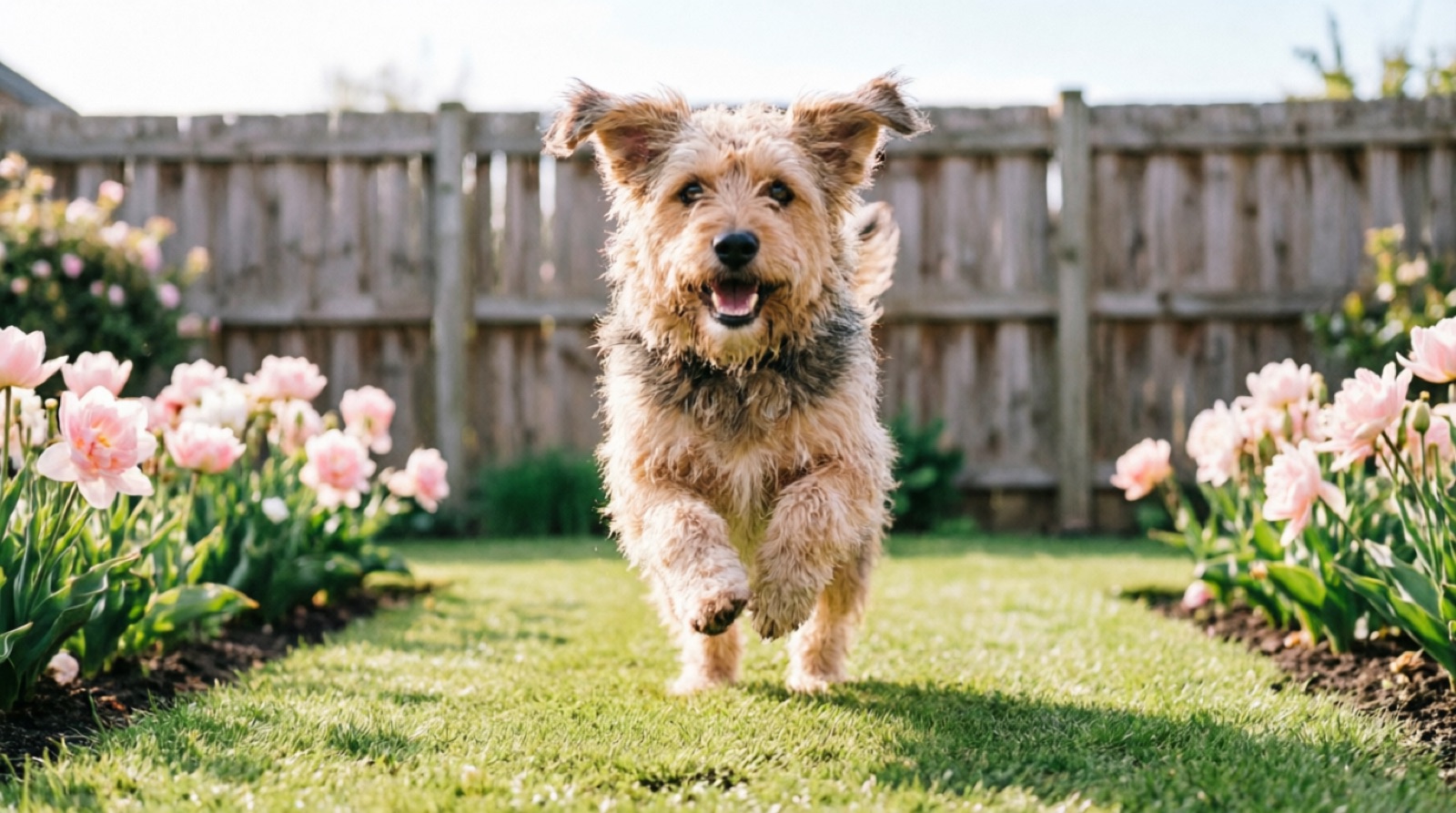 A happy dog running across a clean, freshly-cleared back garden in York