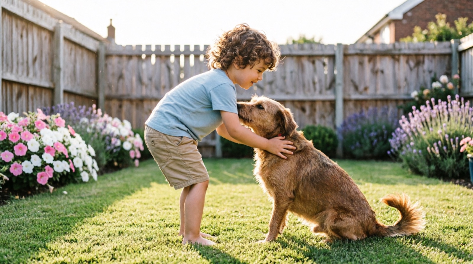 A child playing happily with their dog in a clean back garden in York